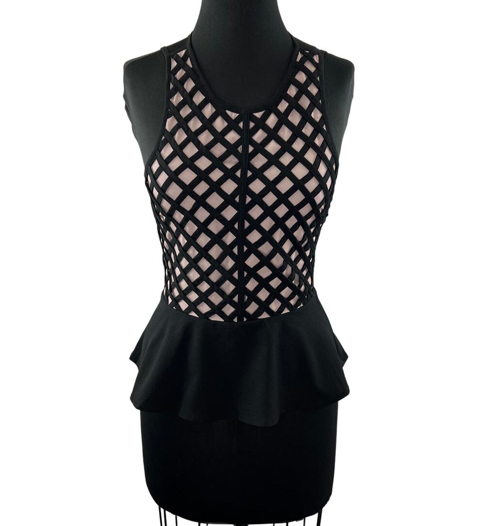 ESLEY Black Lattice Front Round Neck Sleeveless Peplum Strappy Back Top Sz S